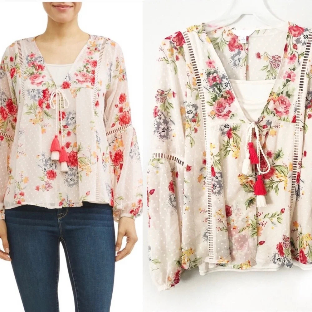 NWT Time and Tru Cottagecore Floral Boho Tie Front Top Medium Grandmacore Lace